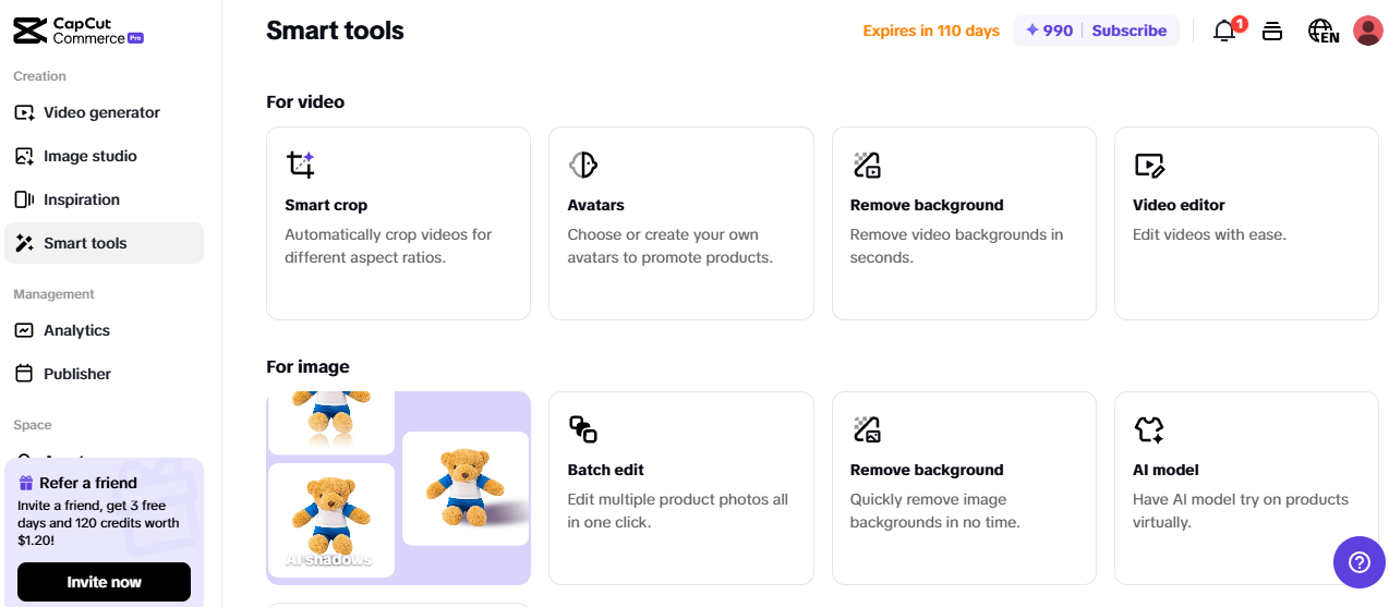 Pippit tools for online business, including smart crop, background removal, and AI models for product visuals.